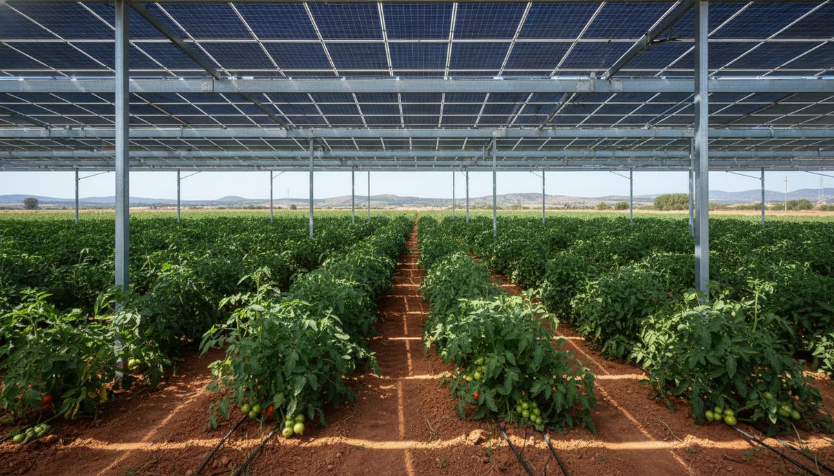 Ряды кустов томатов, растущие на открытом грунте под навесом из солнечных панелей