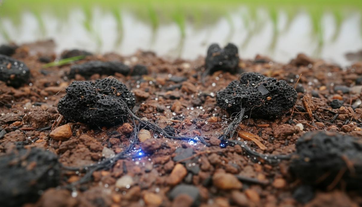 Крупный план частиц темного биоугля в пористой почве на фоне затопленного рисового поля