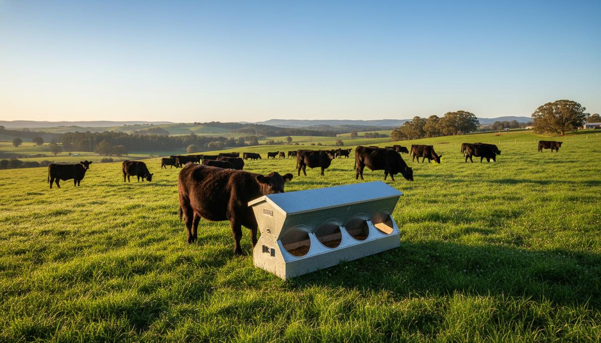 Коровы породы ангус на зеленом пастбище в Австралии рядом с автоматической кормушкой для добавок.