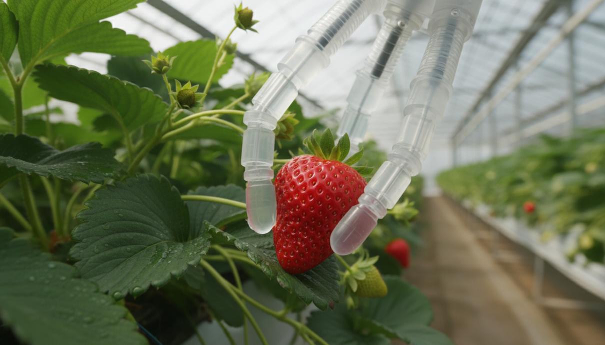 Мягкий роботизированный захват удерживает спелую ягоду клубники на кусте в теплице