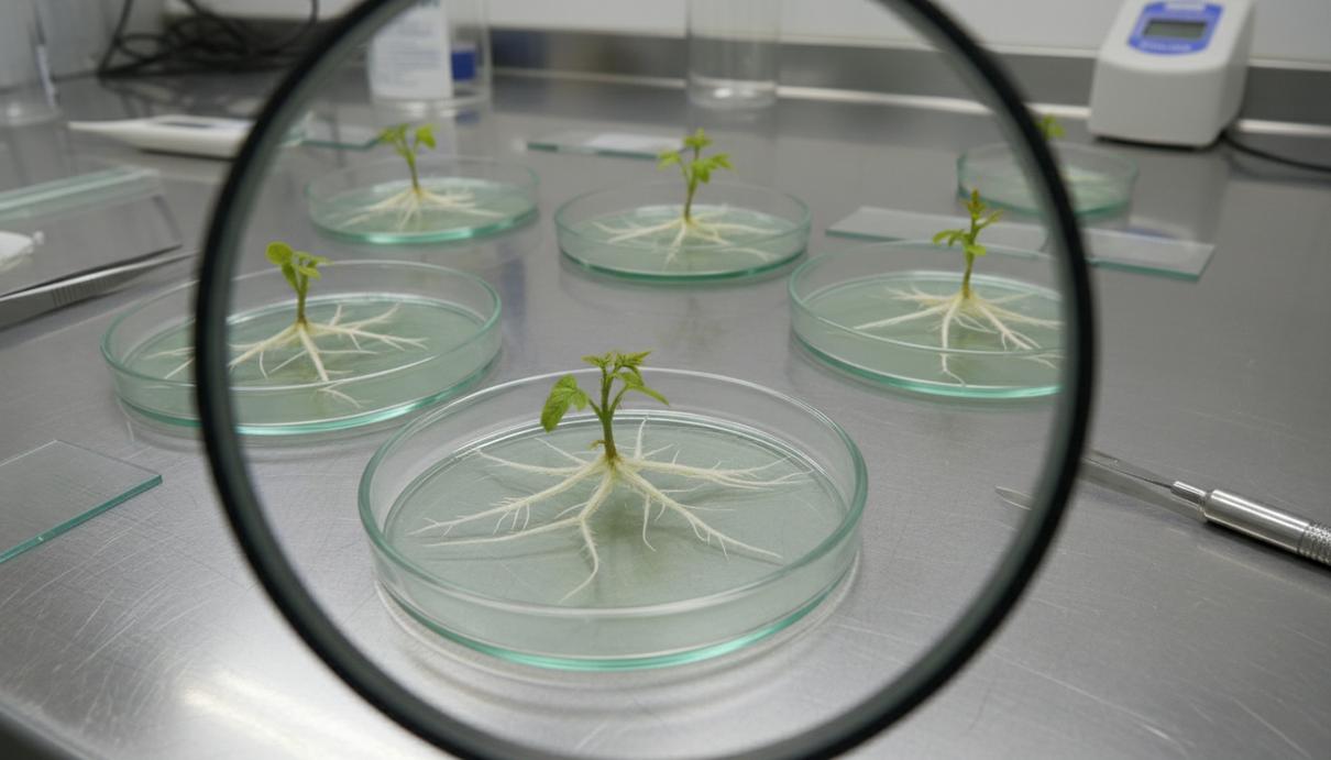 Молодые побеги ясеня в прозрачных чашках Петри на лабораторном столе рядом с пинцетом и скальпелем.