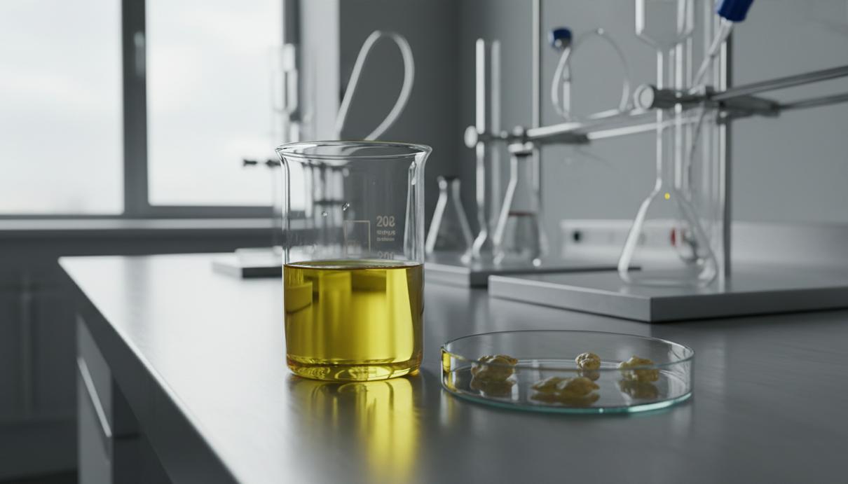 Стеклянный лабораторный стакан с желтым веществом и чашка Петри на металлической поверхности.