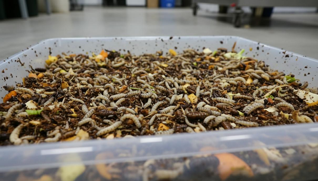 Личинки черной львинки перерабатывают органический субстрат в пластиковом лотке