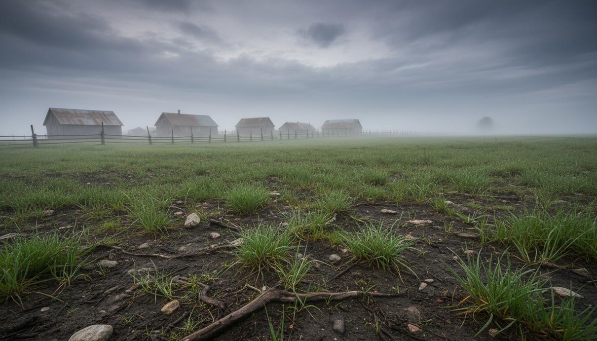 Зеленое пастбище с густой травой на фоне сельских построек под пасмурным небом.
