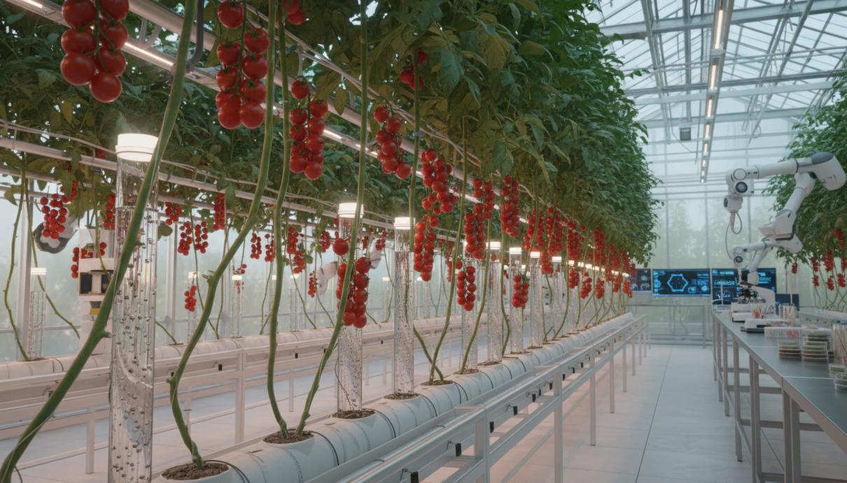 Спелые красные помидоры на ветке в современной исследовательской теплице.