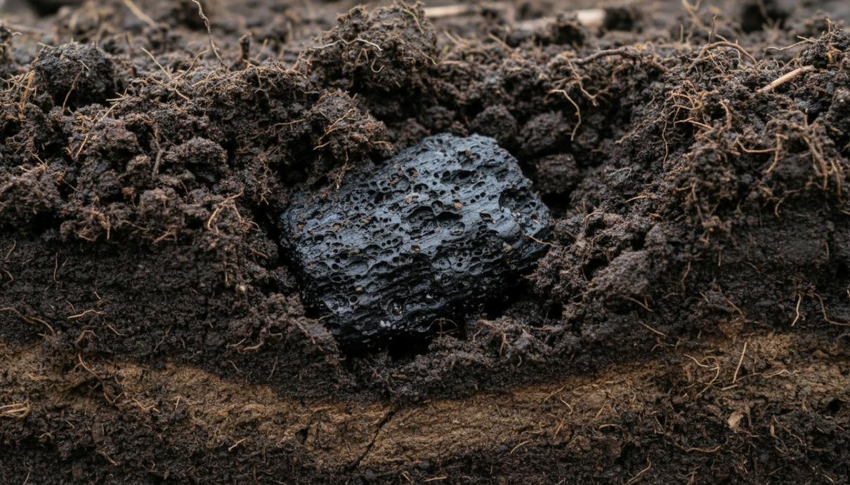 Крупный план пористого черного биоугля в разрезе влажной торфяной почвы