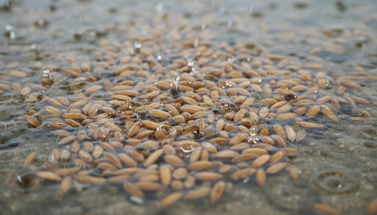 Семена риса на дне неглубокого водоема с расходящимися кругами от капель дождя на поверхности.