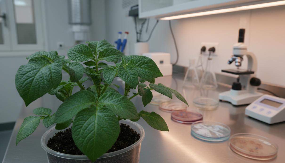 Здоровые листья картофеля и лабораторное оборудование на стальном столе в научном центре.