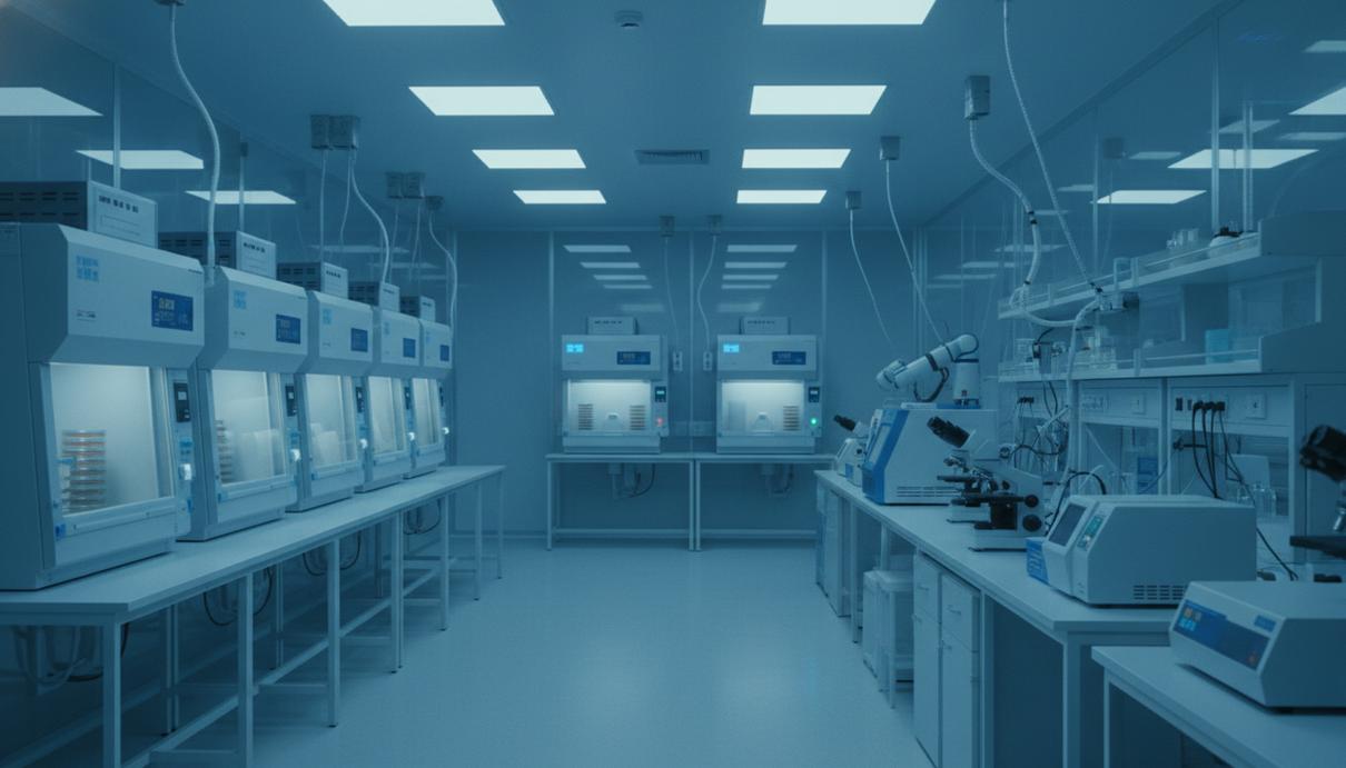 Стеклянные чашки Петри и современное лабораторное оборудование в стерильном научном боксе.