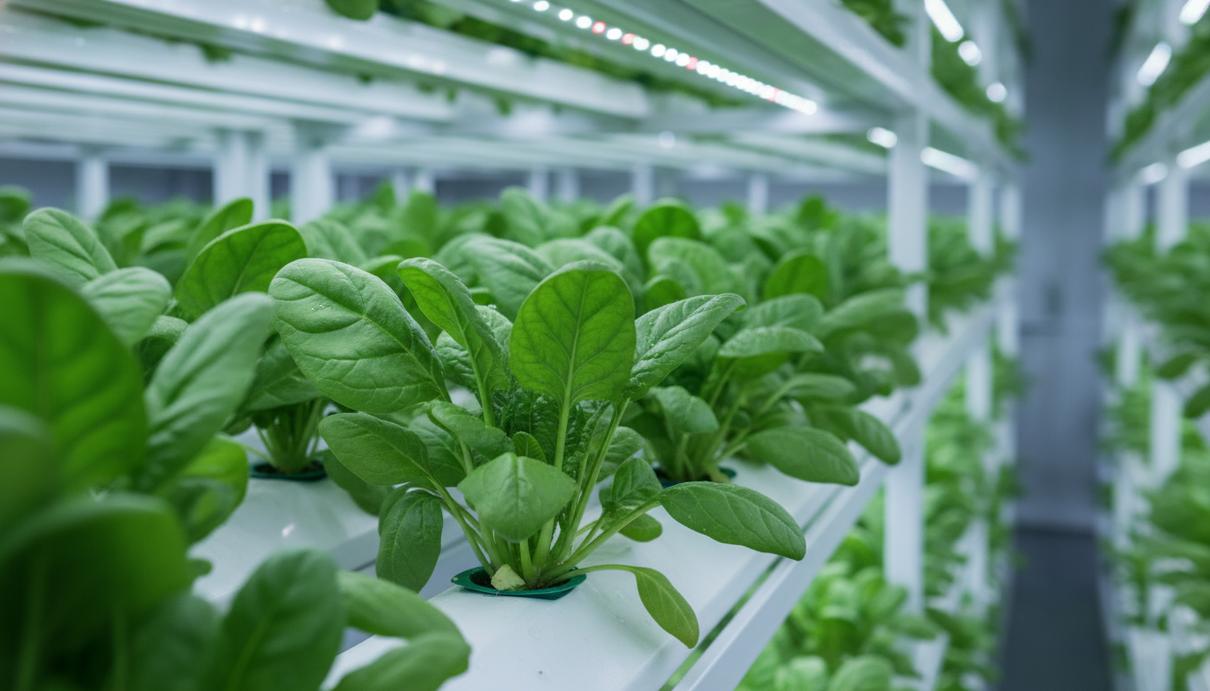 Ярко-зеленые листья шпината в лотках вертикальной фермы на гидропонике при искусственном освещении