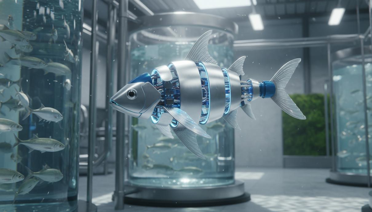 Прототип биоморфного подводного робота в форме рыбы с датчиками в прозрачной воде аквафермы