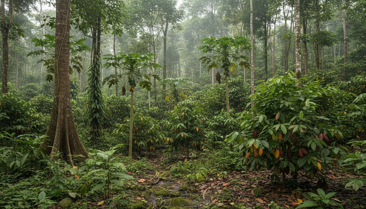 Плантация какао и папайи в перуанской Амазонии с густой тропической растительностью