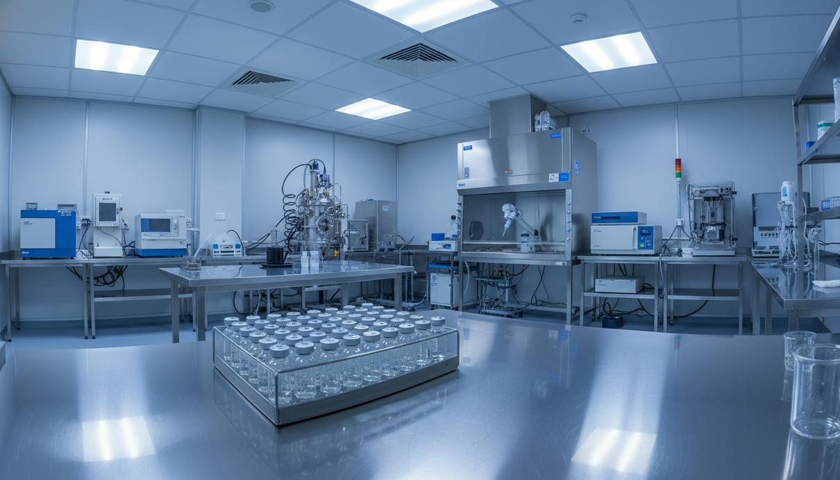 Стеклянные лабораторные флаконы и медицинское оборудование на столе из нержавеющей стали.