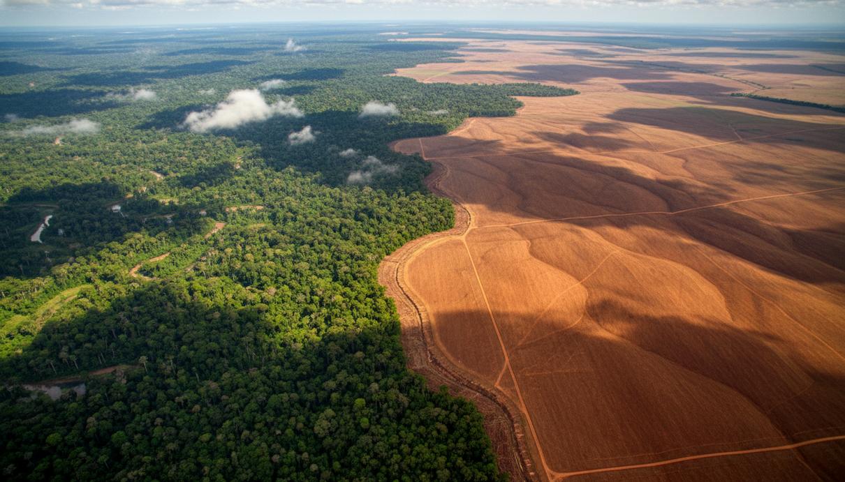 Граница между густым тропическим лесом и вспаханным полем с красноватой почвой в Бразилии