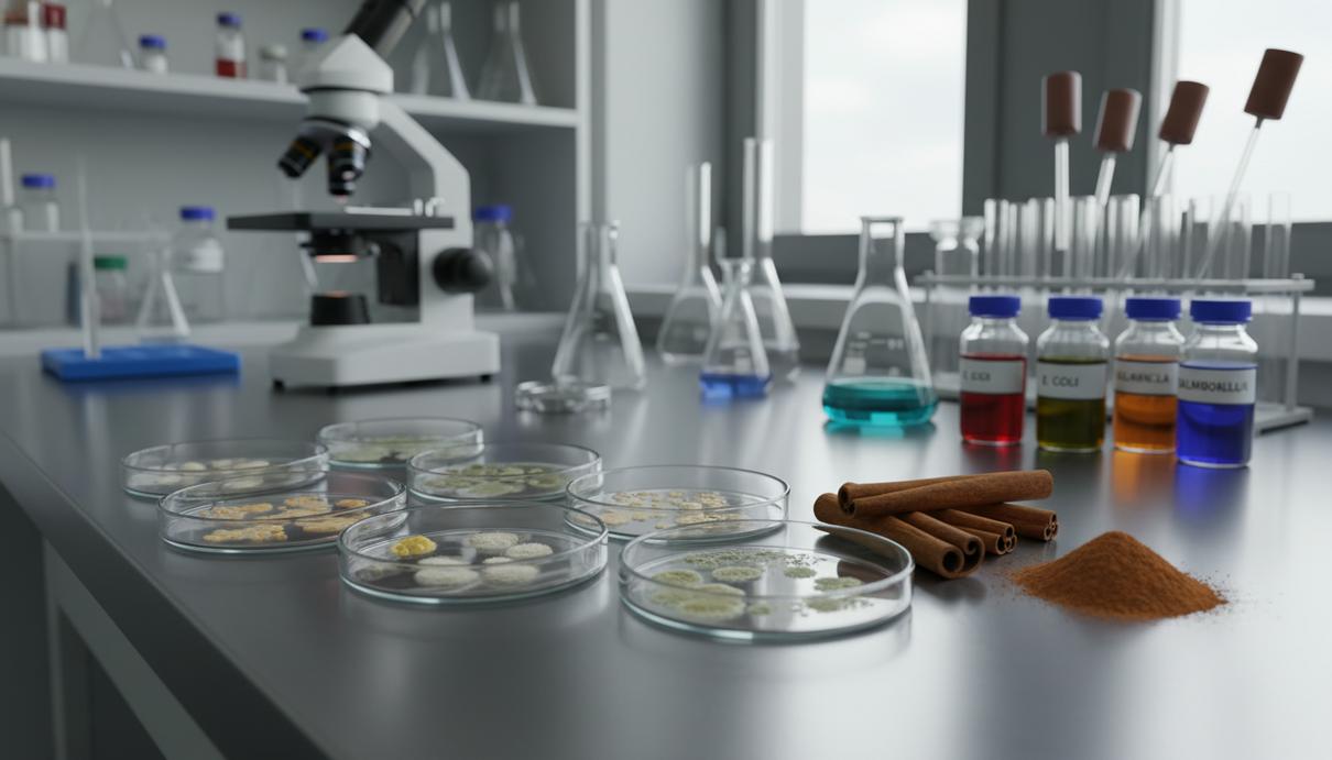 Стеклянные чашки Петри с бактериальными культурами и палочки корицы на столе в лаборатории.