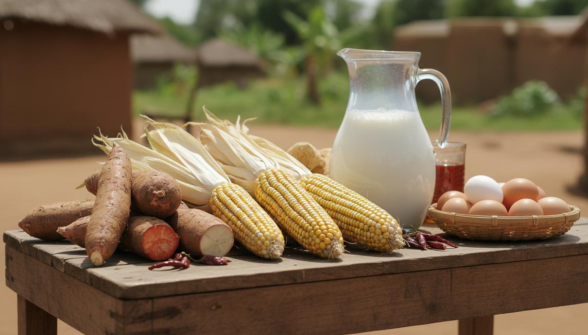 Набор продуктов питания, включая кукурузу, кассаву, молоко и яйца, на деревянной поверхности.