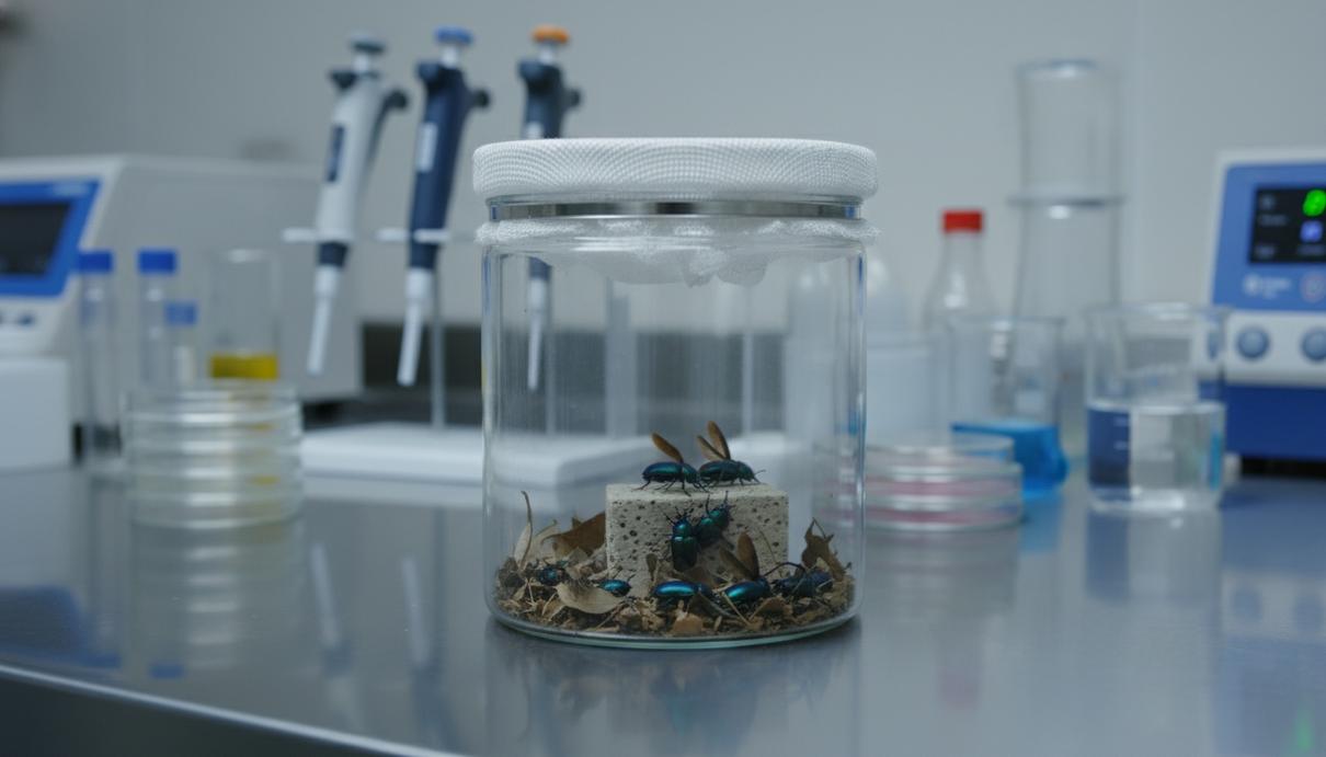 Лабораторное оборудование для исследования насекомых, стеклянная емкость с сеткой на металлическом столе