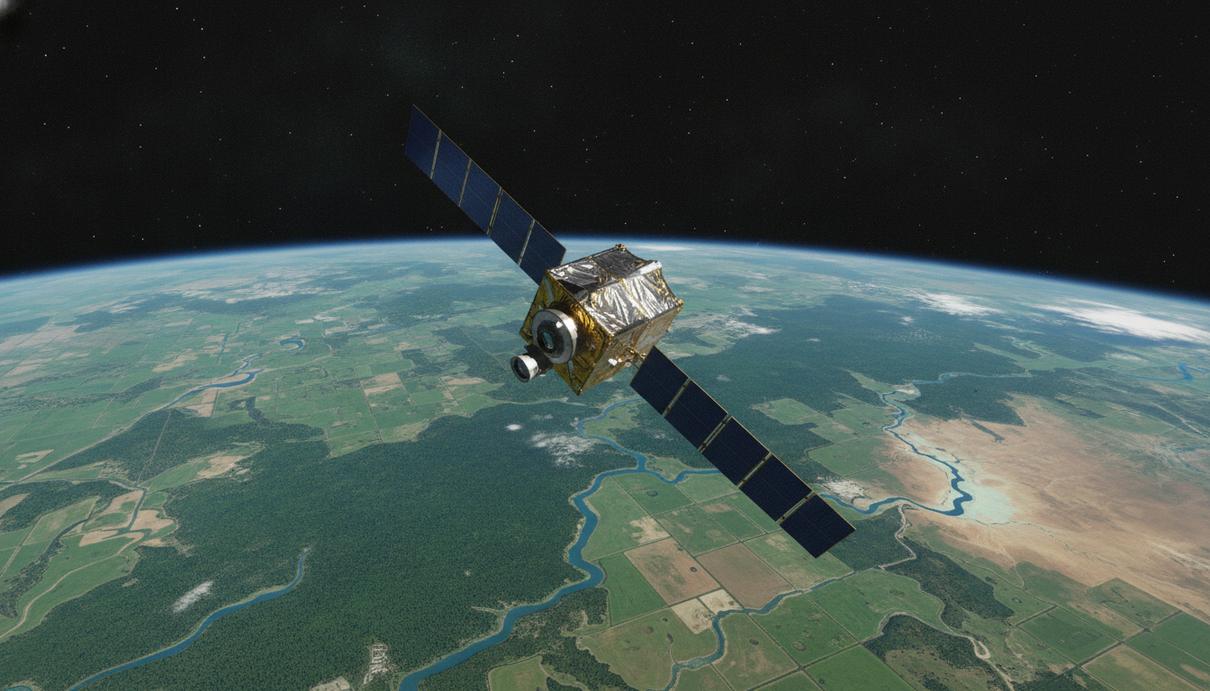 Спутник Landsat 10 в космосе на орбите Земли. Внизу видна поверхность планеты с сельскохозяйственными полями, лесами и реками.