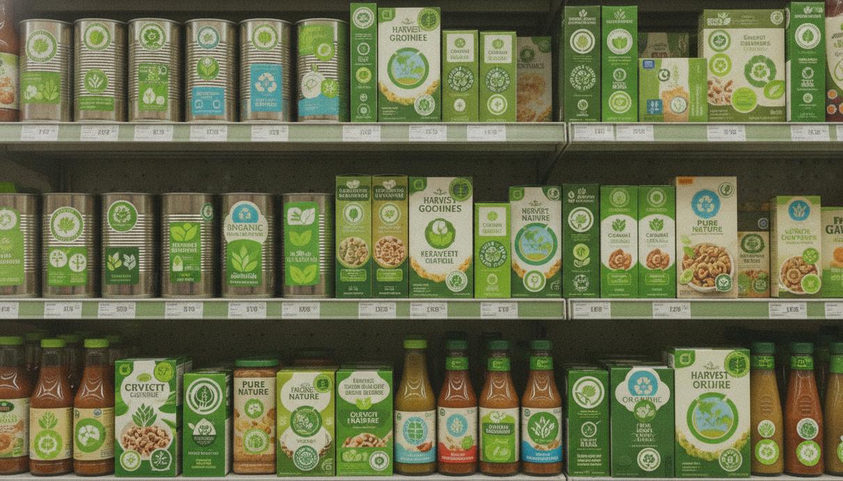 Полка в супермаркете с продуктами питания в упаковках, на которых размещено множество разных зелёных экомаркировок.