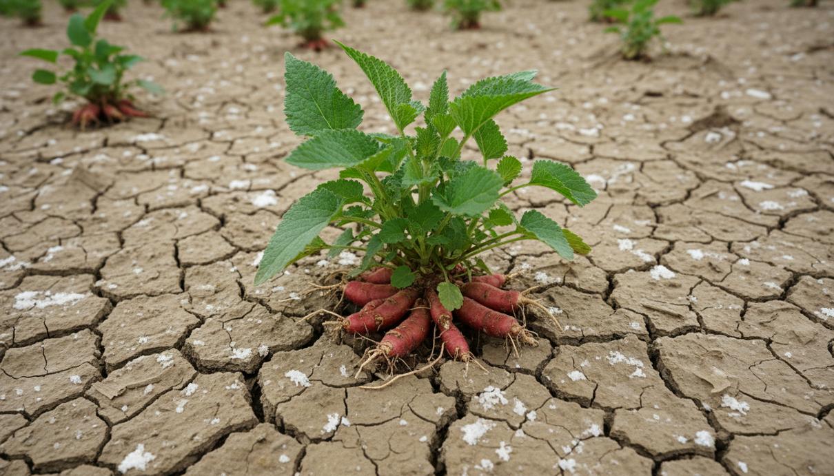 Здоровое растение шалфея краснокорневищного (Salvia miltiorrhiza) с зелеными листьями и красными корнями растет на сухой, потрескавшейся засоленной почве.