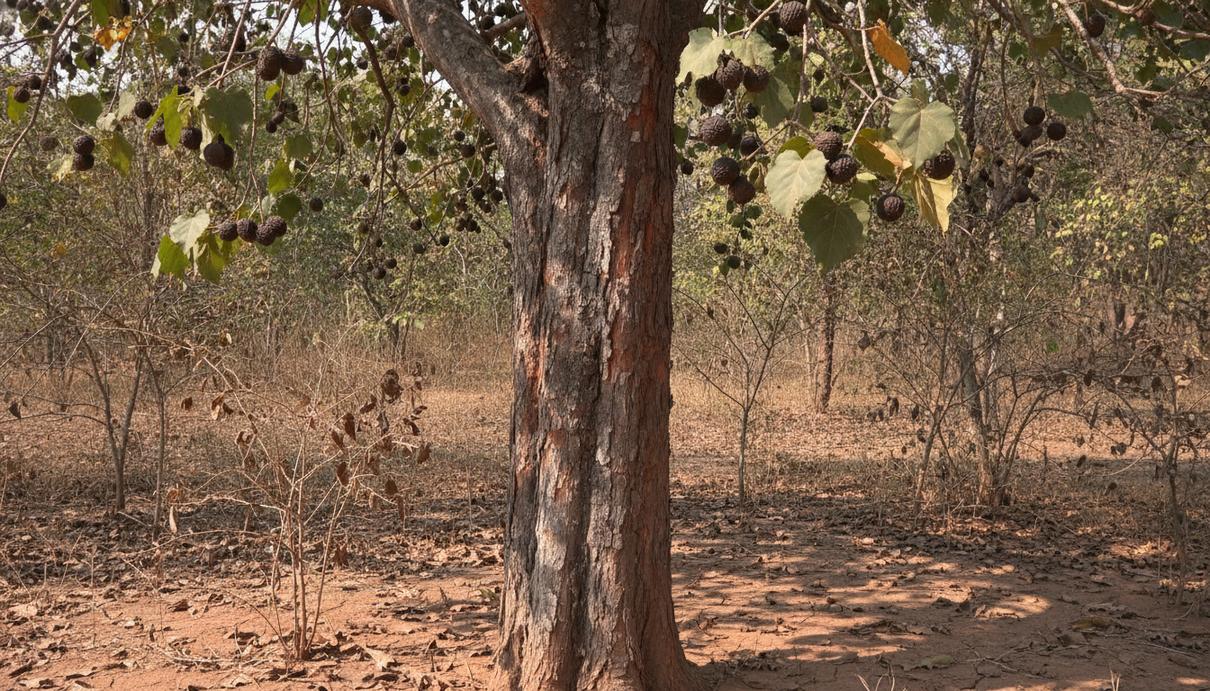 Дерево Гуасума вязолистная (Guazuma ulmifolia) в сухом тропическом лесу. Крупным планом видны текстурная кора, листья и плоды.
