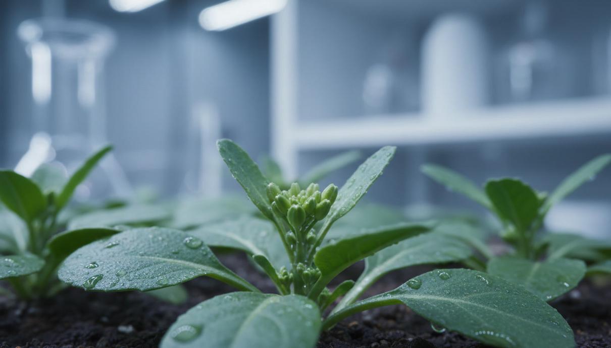 Макроснимок верхушки растения резуховидки Таля (Arabidopsis thaliana) с мелкими, формирующимися цветочными бутонами в центре кадра.