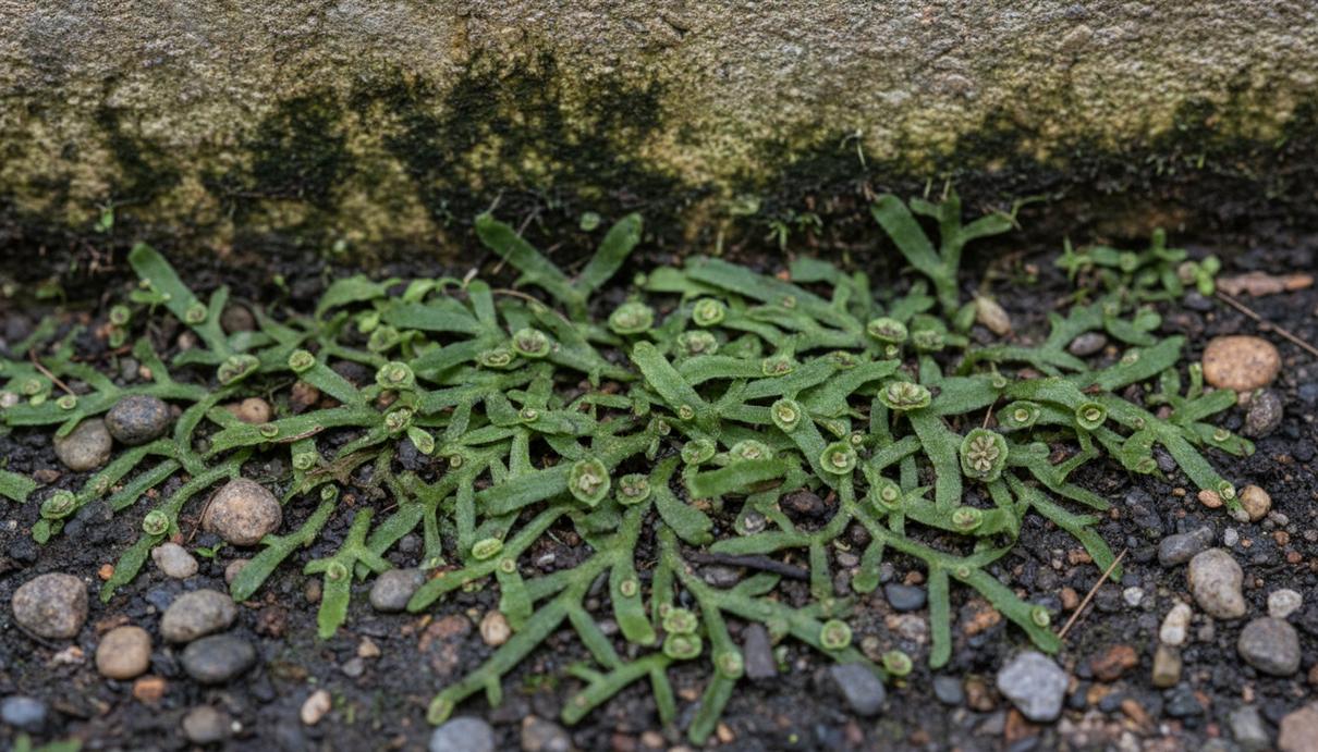 Зелёный печёночный мох Marchantia polymorpha с чашевидными выводковыми корзинками растёт на тёмной влажной почве у старой бетонной стены.