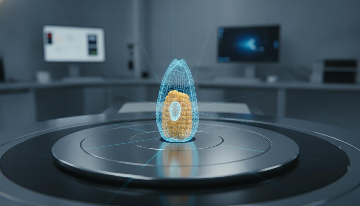Золотистое зерно кукурузы на платформе внутри лабораторного сканера. Просвечивающие лучи показывают его трёхмерную внутреннюю структуру с полостями.