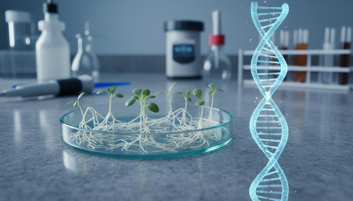 Ростки модельного бобового растения Medicago truncatula с развитой корневой системой в чашке Петри на столе в научной лаборатории.