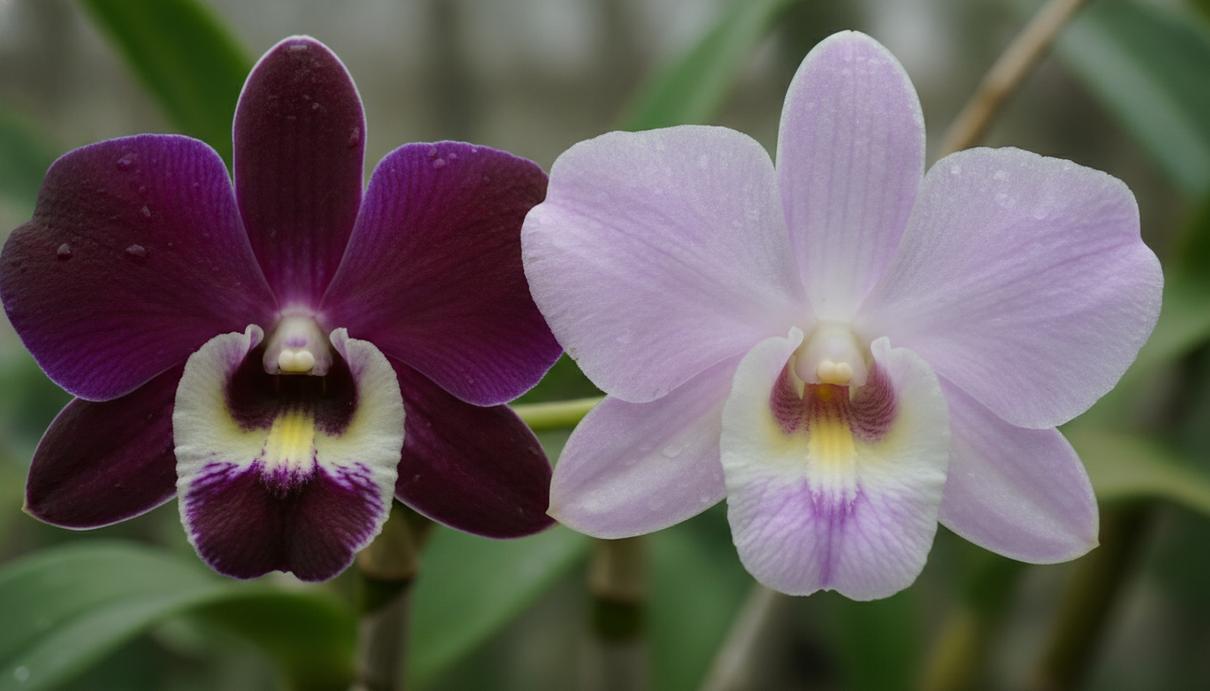 Два цветка орхидеи Dendrobium nobile рядом: один с темно-фиолетовыми лепестками, другой со светло-сиреневыми.