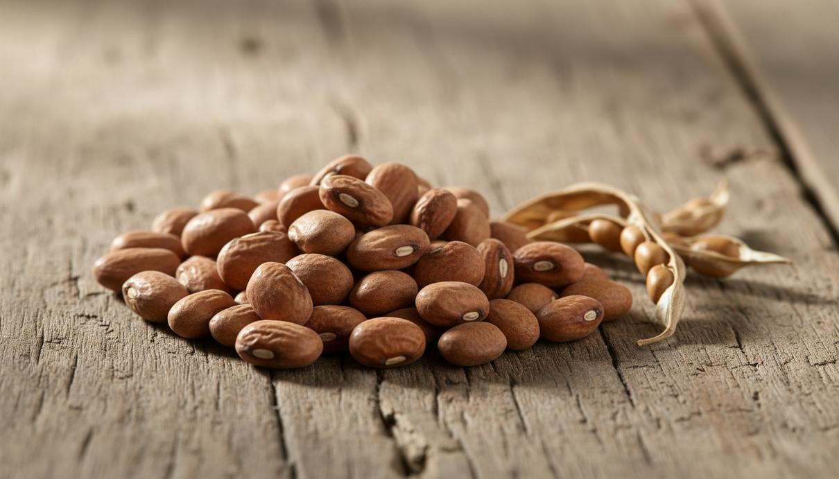Небольшая горсть сушеных бобов кулати (Macrotyloma uniflorum) и несколько стручков на старой деревянной поверхности.