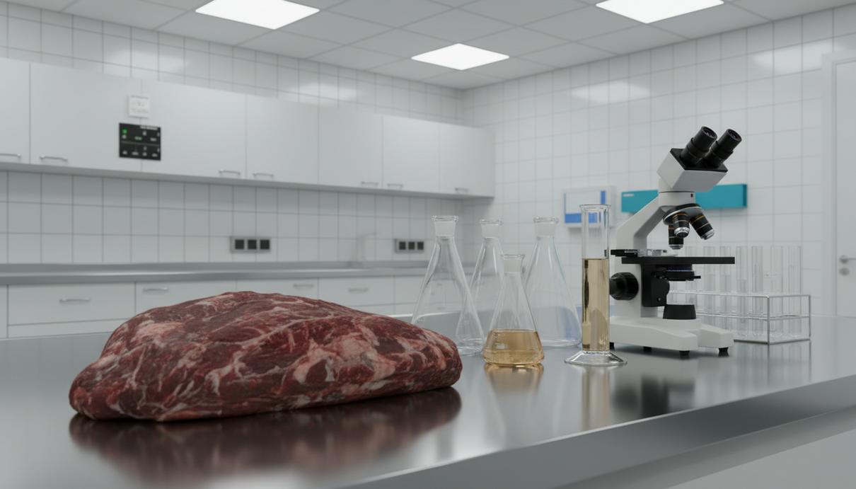 Кусок сырого мяса дикого кабана лежит на стальном лабораторном столе рядом с микроскопом и научной посудой.
