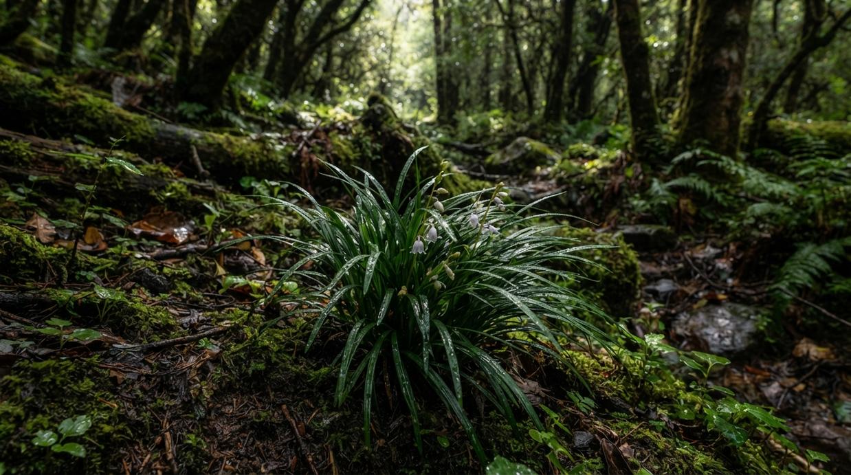 Пучок травовидного растения Ophiopogon japonicus с мелкими белыми цветами на влажной, затенённой лесной почве в Гималаях.