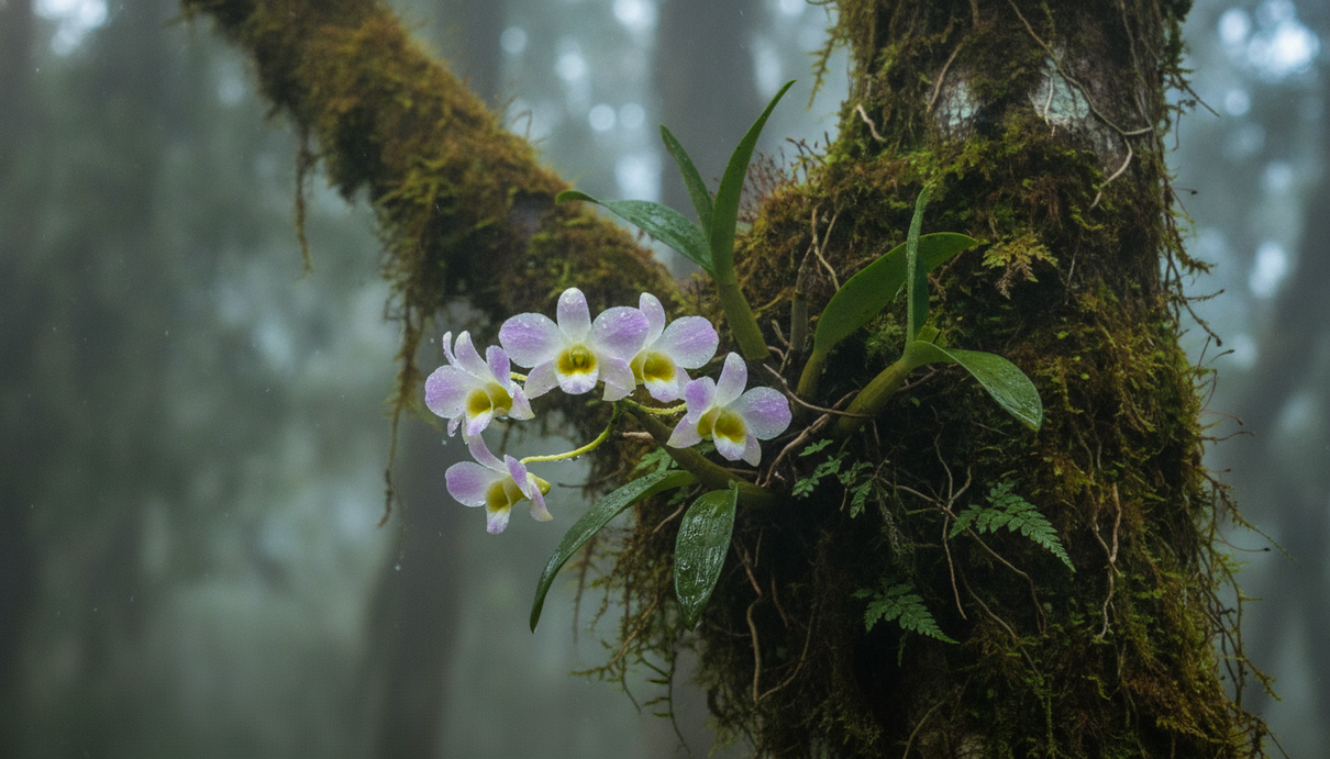 Цветущая орхидея Dendrobium nobile с бело-сиреневыми лепестками и жёлто-зелёной сердцевиной на поросшей мхом ветке дерева.