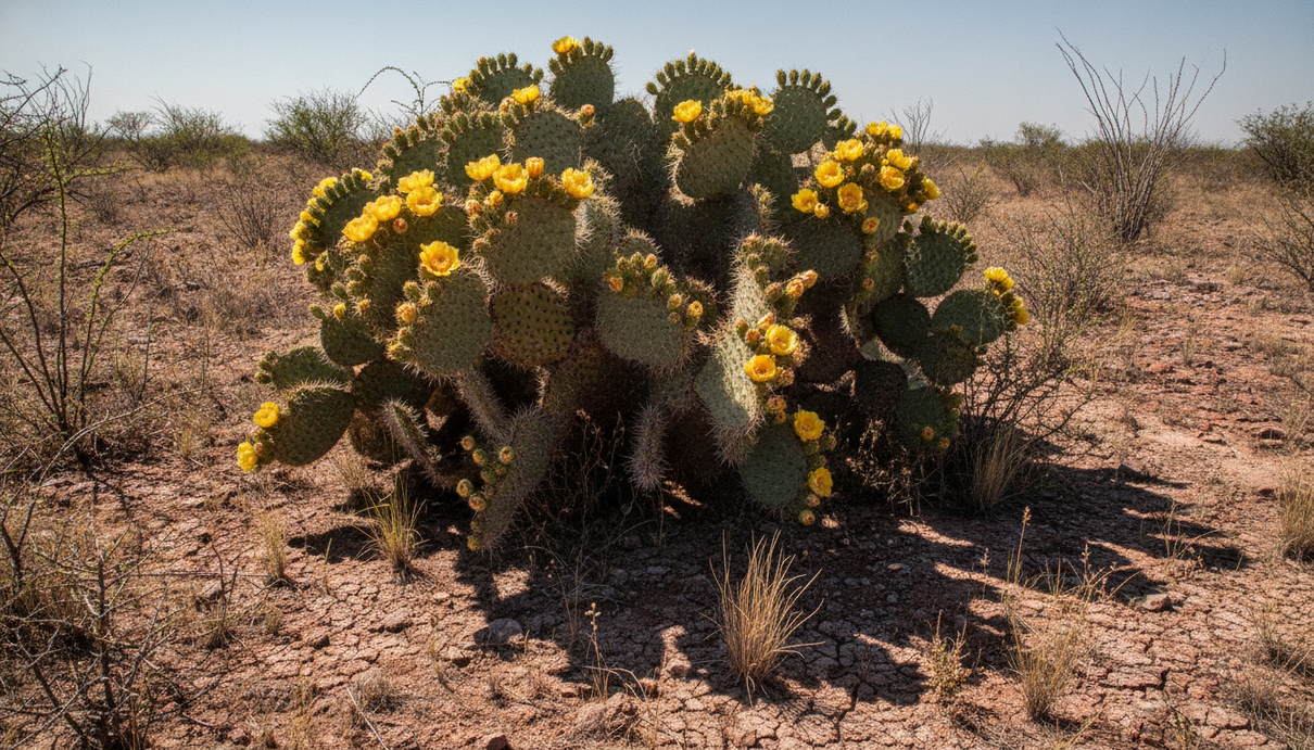 Крупный цветущий кактус Opuntia robusta с жёлтыми цветами в засушливом скалистом ландшафте в Мексике.
