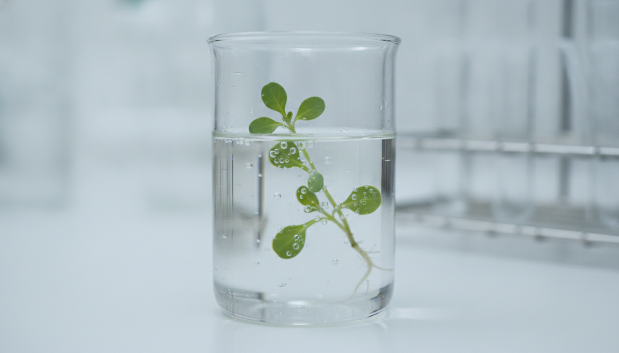 Растение резуховидки Таля (Arabidopsis thaliana) под водой в лабораторном стакане, на его листьях видны мелкие пузырьки воздуха.