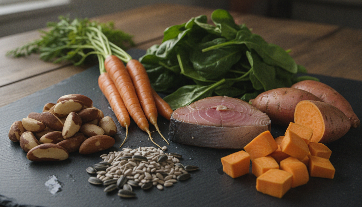 Свежие продукты, богатые антиоксидантами: морковь, сладкий картофель, шпинат, бразильские орехи и стейк из тунца на темном фоне.