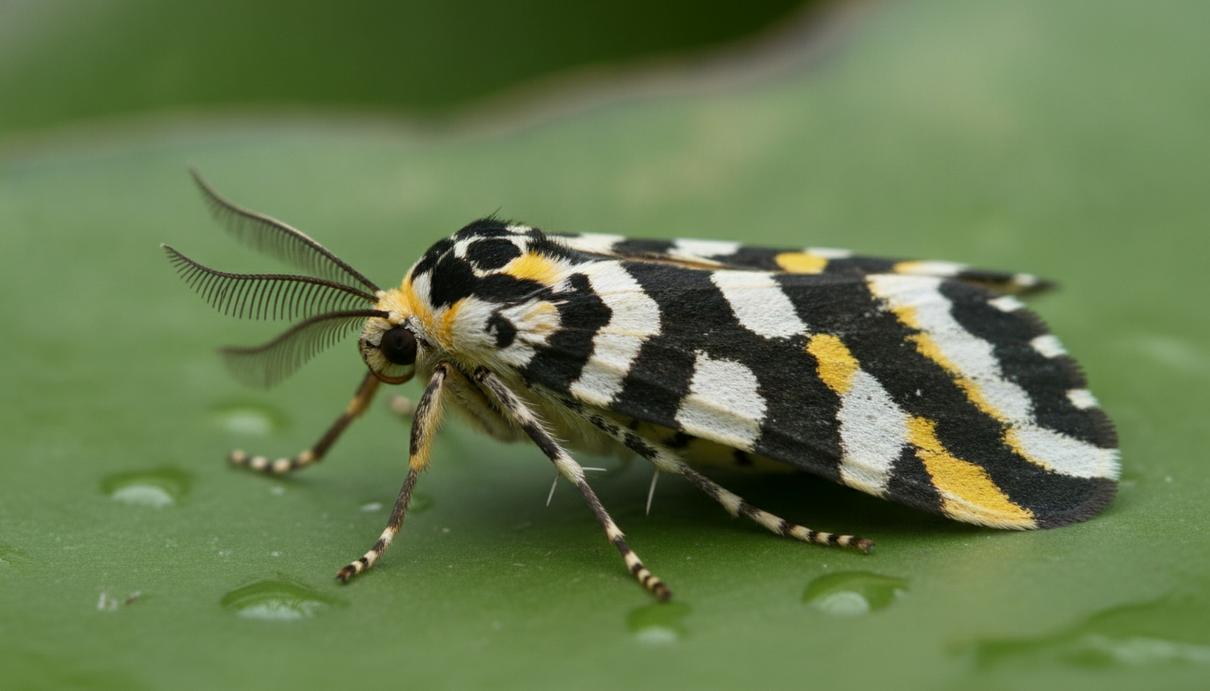 Ярко окрашенная лилейная совка (Spodoptera picta) сидит на зелёном листе. В фокусе её перистые усики-антенны.