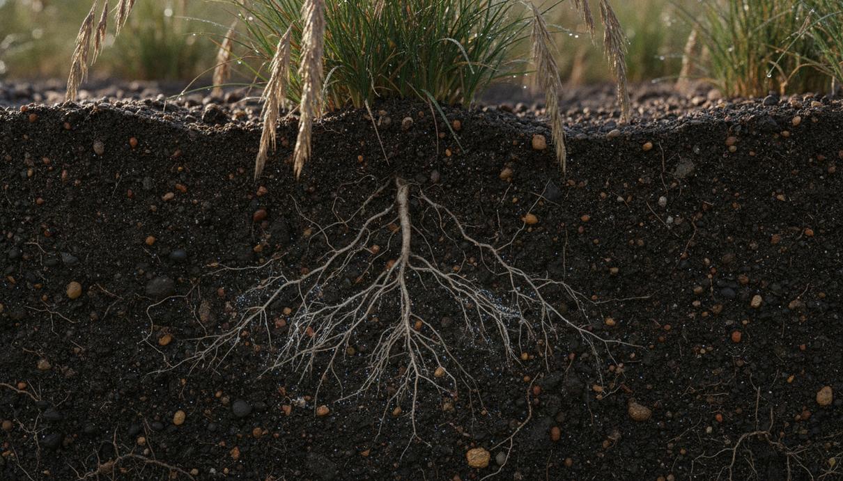 Корневая система пастбищной травы Bromus auleticus в разрезе плодородной почвы.