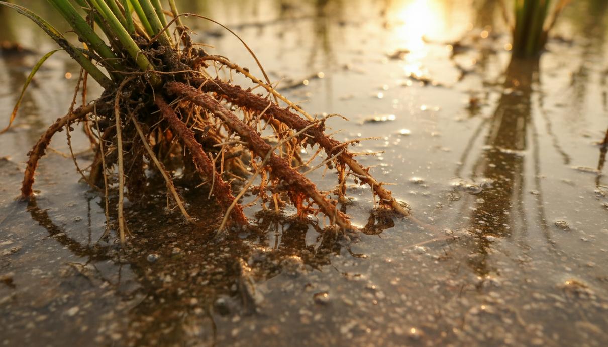 Корни риса под водой на затопленном поле, покрытые тонким оранжево-бурым налётом ржавчины. Мутная вода и илистое дно.