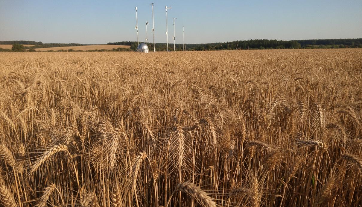 Колосья спелой озимой пшеницы крупным планом в поле на фоне научного оборудования для мониторинга атмосферы.