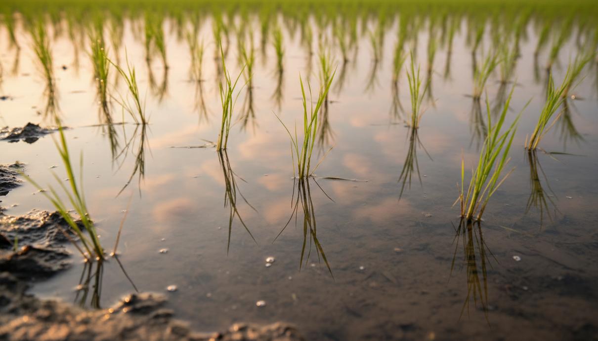 Залитое водой рисовое поле на рассвете, из спокойной воды пробиваются молодые зелёные ростки риса.