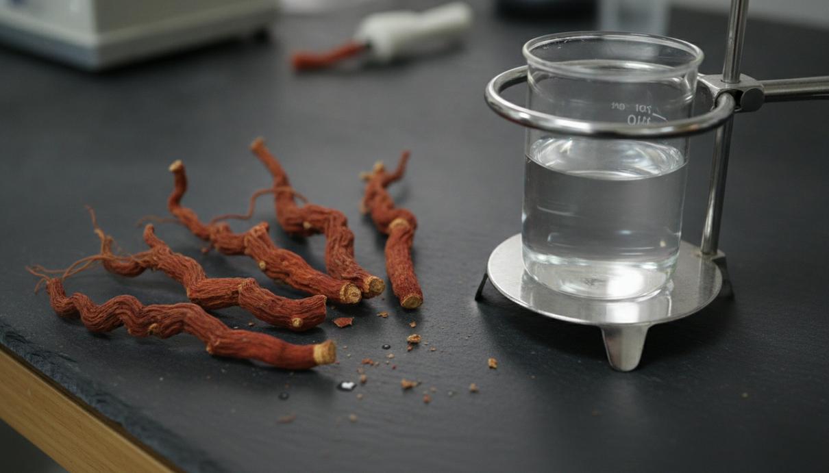 Корни краснокорневищного шалфея (Salvia miltiorrhiza) на темной лабораторной столешнице рядом со стеклянным химическим стаканом.