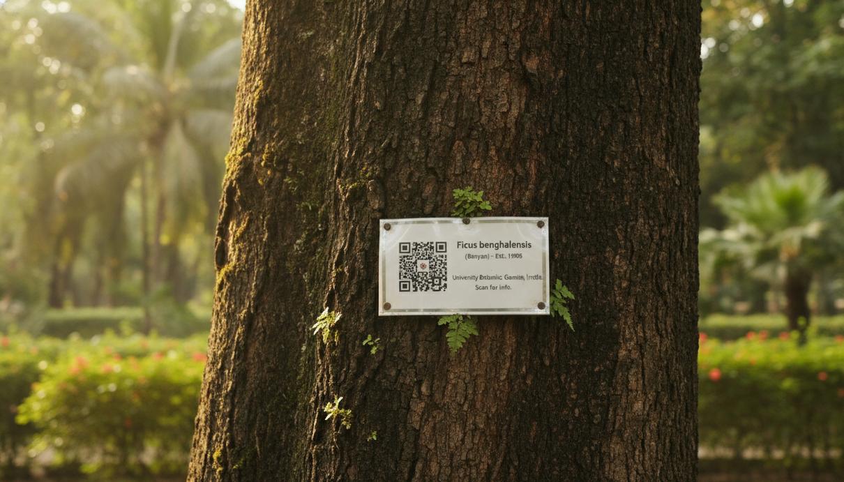 Табличка с QR-кодом и названием растения на стволе дерева в саду. На заднем плане видна зелёная листва.