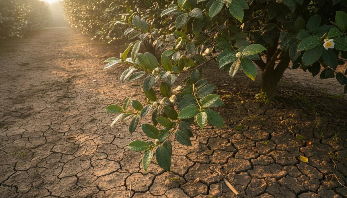 Куст масличной камелии (Camellia oleifera) с зелеными листьями растет из сухой, растрескавшейся почвы на плантации.