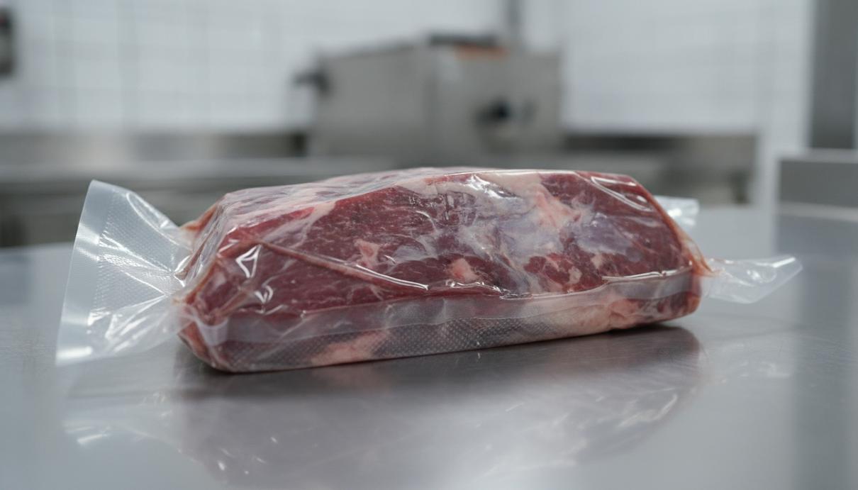 Сырая вырезка из оленины в вакуумной упаковке лежит на металлической поверхности на пищевом производстве.