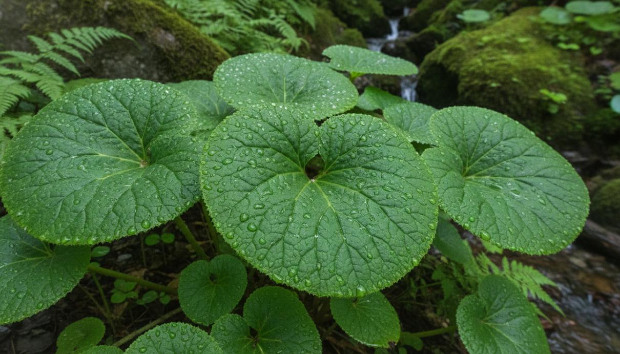 Крупные свежие листья белокопытника японского (Petasites japonicus) с каплями росы в естественной среде.