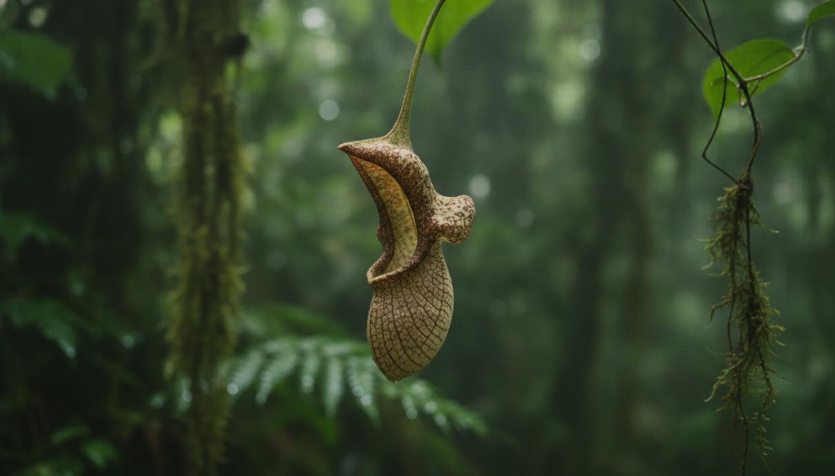 Трубчатый цветок лианы Aristolochia gibertii с пятнистым узором в тропическом лесу южного Китая.