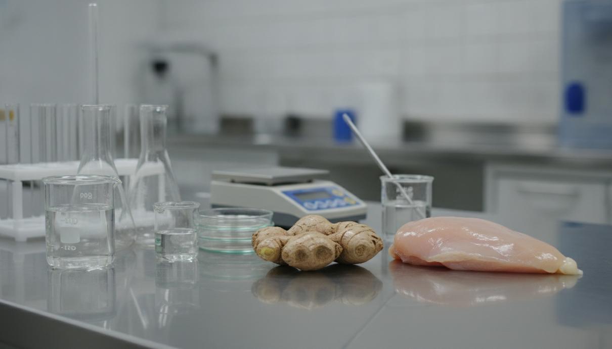 Корень имбиря и кусок сырого куриного филе на лабораторном столе рядом с колбами и чашками Петри в обстановке научной лаборатории.