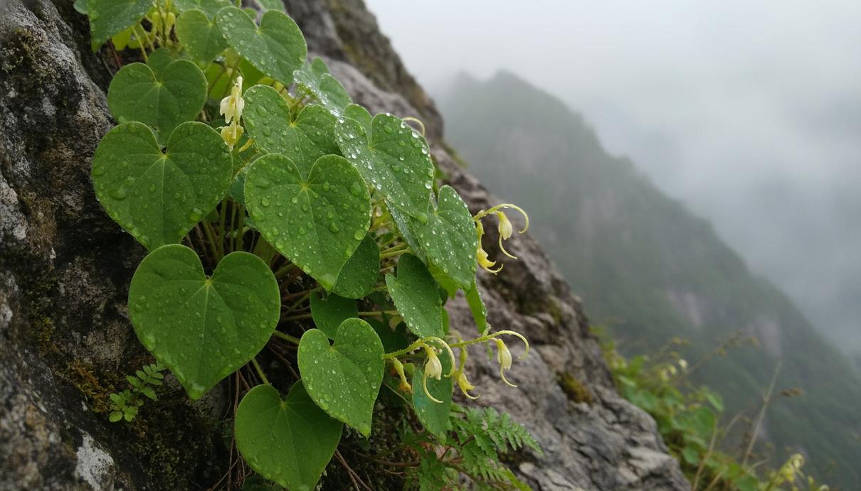 Растение Epimedium sagittatum с зелеными сердцевидными листьями на каменистом склоне в горах южного Китая в тумане.